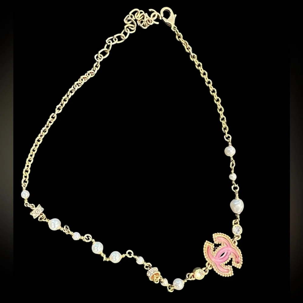 CHANEL Gold Chain Necklace with Pink Enamel CC Strass and Pearl Accents - Picture 4 of 9